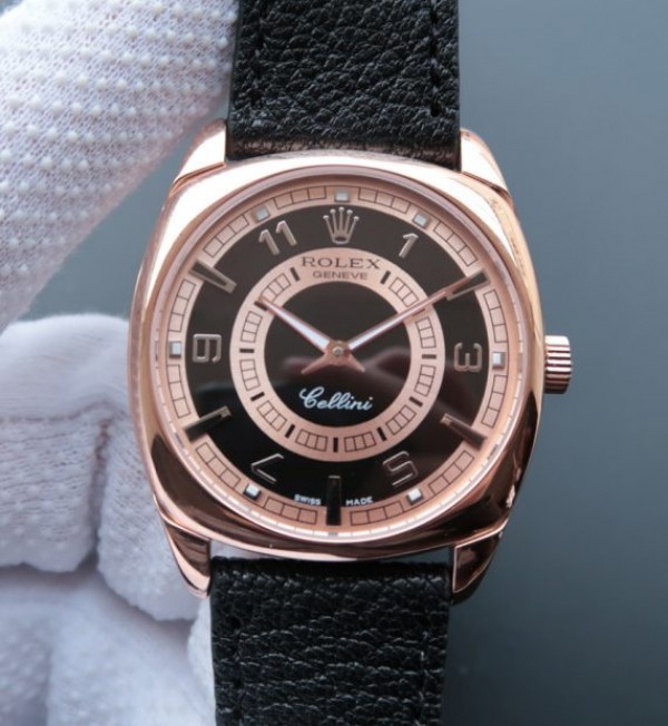 Replica Rolex Cellini Danaos 4243 RG Black/White Dial Black Leather Strap A2824