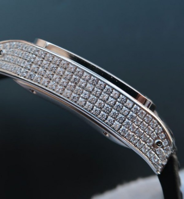 Replica Cartier V6 Santos 100 41mm White Dial Diamond Bezel Black Leather Strap A2824