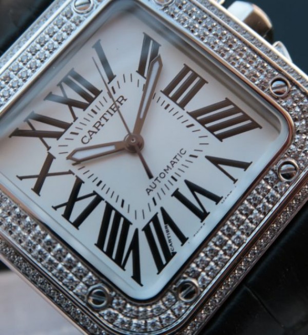 Replica Cartier V6 Santos 100 41mm White Dial Diamond Bezel Black Leather Strap A2824
