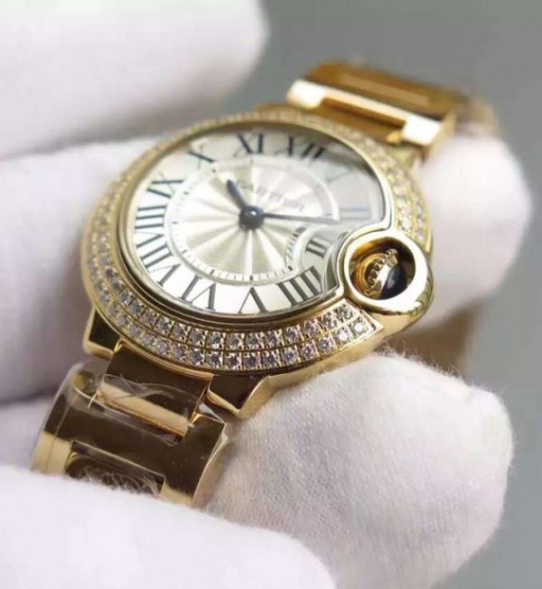 Replica Cartier Ballon Bleu 28mm YG Diamonds Bezel White Dial Bracelet Ronda Quartz