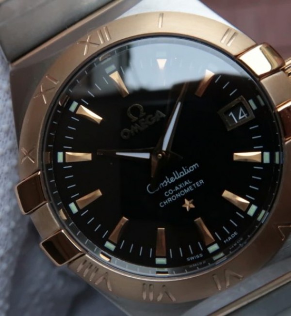 Replica Omega V6 Constellation 35mm YG Bezel Black Dial SS Bracelet A2500