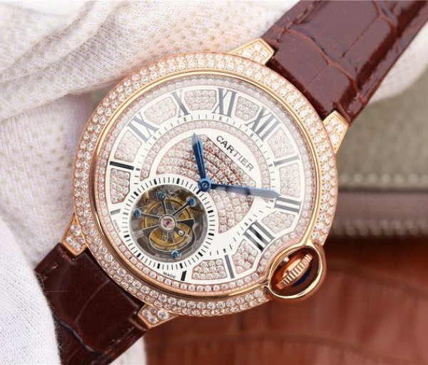 Replica Cartier Ballon Bleu de Cartier Tourbillon RG Full Paved Diamonds Leather Strap