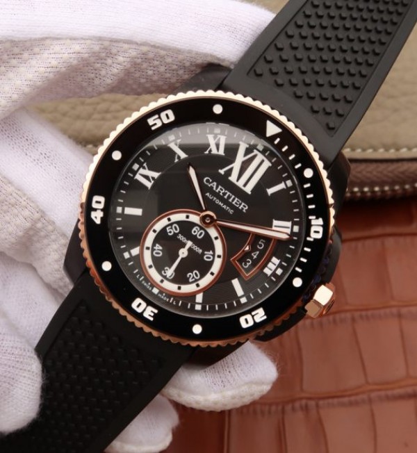 Replica Cartier JJF Calibre De Cartier Diver DLC Black Dial RG Bezel Black Rubber Strap A23J