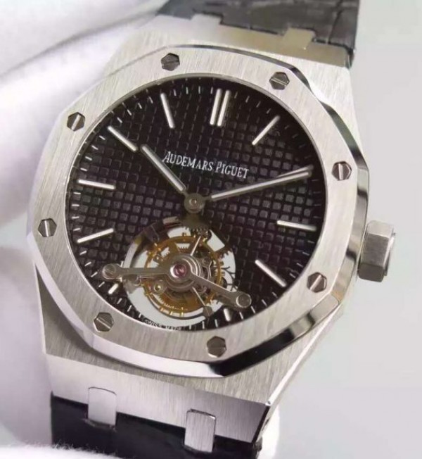 Replica Audemars Piguet TF Royal Oak 41mm Tourbillon SS Black Dial Black Leather Strap