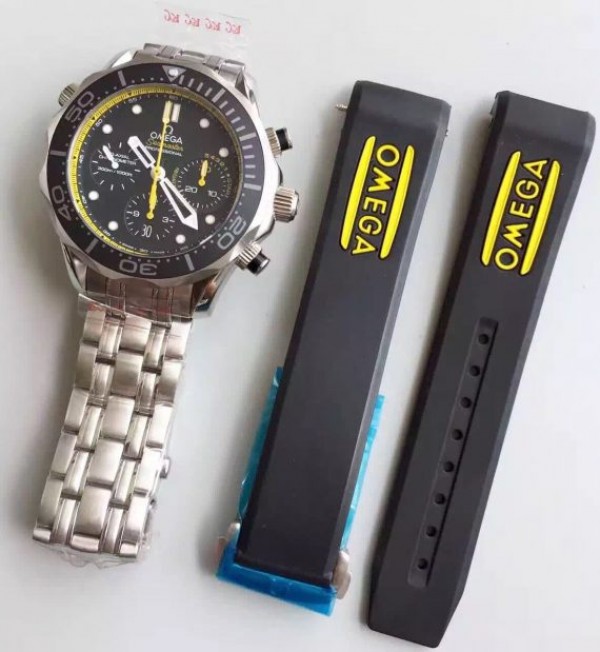 Replica Omega Seamaster 300m Diver SS Black Dial Yellow Inner Bezel SS Bracelet A7753