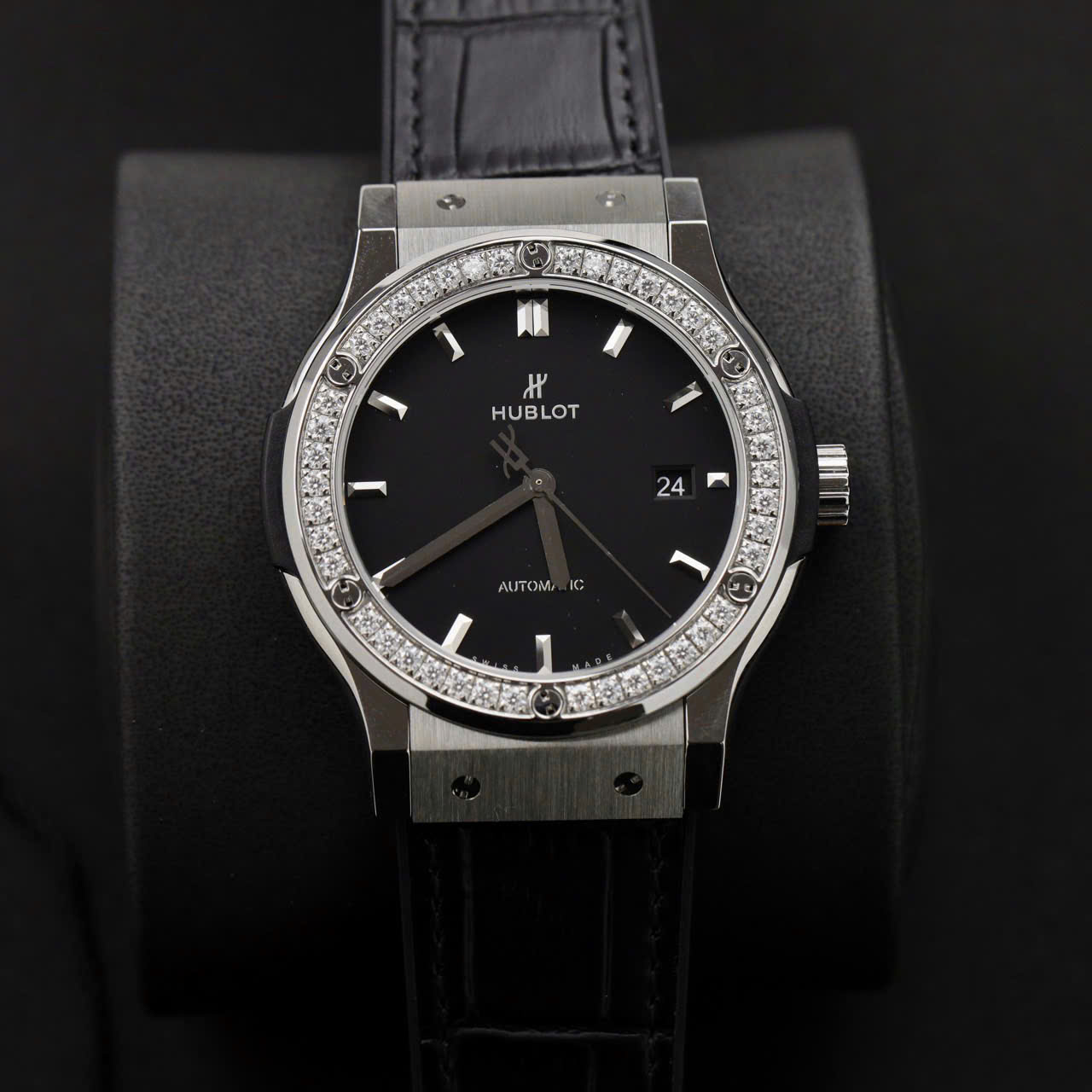 Hublot Classic Fusion Titanium Replica Watch Black Dial Custom Moissanite Diamonds 42mm