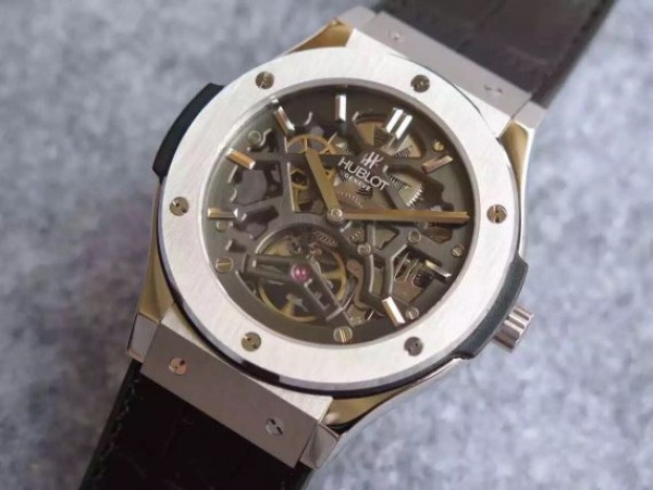 Replica Hublot Classic Fusion Tourbillon 45mm TF Skeleton Dial Black Gummy Strap A23J