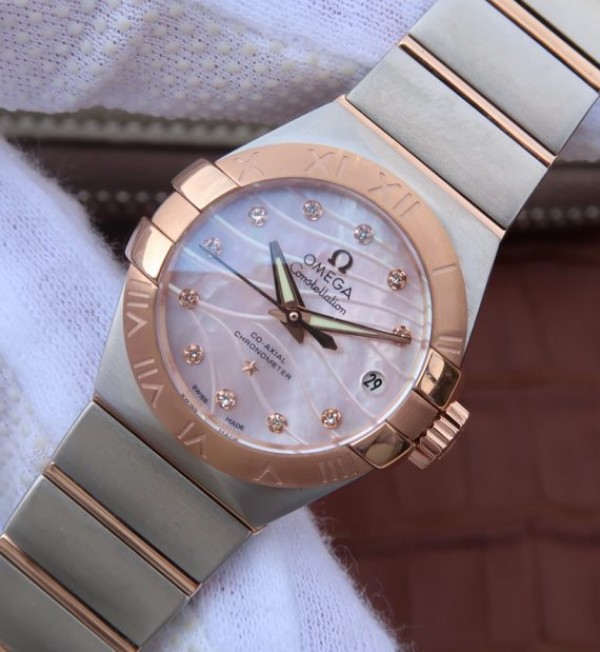 Replica Omega V6 Constellation 27mm RG Dial Diamonds Markers SS/RG Bracelet A8520