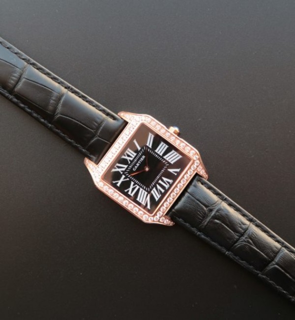 Replica Cartier Santos WH100751 Diamond RG Black Dial Leather Strap A9015