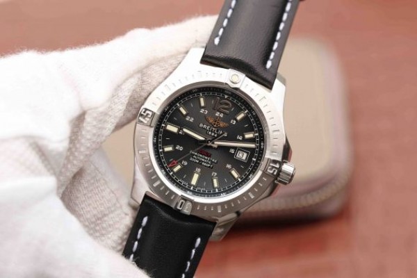 Replica Breitling Colt Automatic 44mm SS GF Black Textured Dial Black Leather Strap A2824