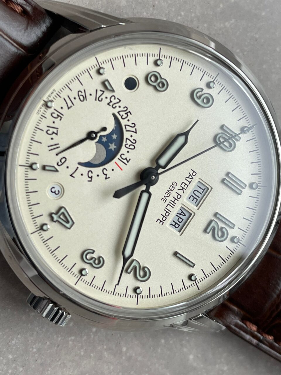 Replica PATEK PHILIPPE Perpetual Calendar 5320G-001 SS GSF 1:1 Best Edition Cream Dial on Brown Leather Strap A324