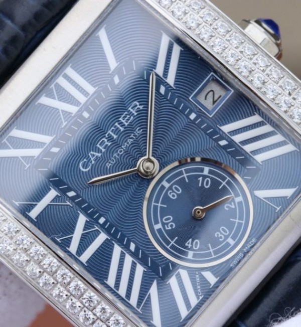 Replica Cartier Tank MC SS Blue Textured Dial Diamonds Bezel Leather Strap