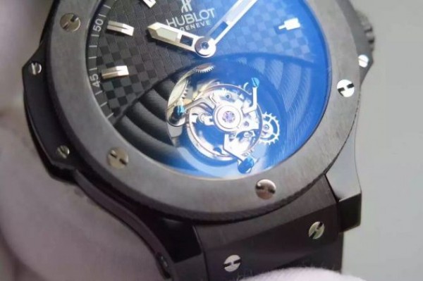 Replica Hublot Big Bang Tourbillon PVD Black Textured Dial Black Rubber Strap