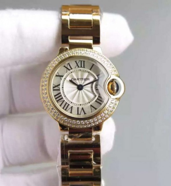 Replica Cartier Ballon Bleu 28mm YG Diamonds Bezel White Dial Bracelet Ronda Quartz