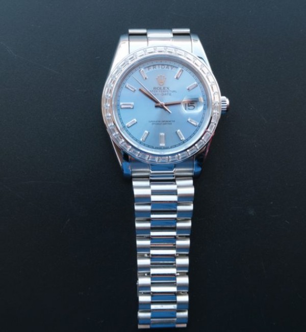 Replica Rolex Day-Date SS Diamonds Bezel Ice Blue Dial Crystal Markers SS Bracelet A3255
