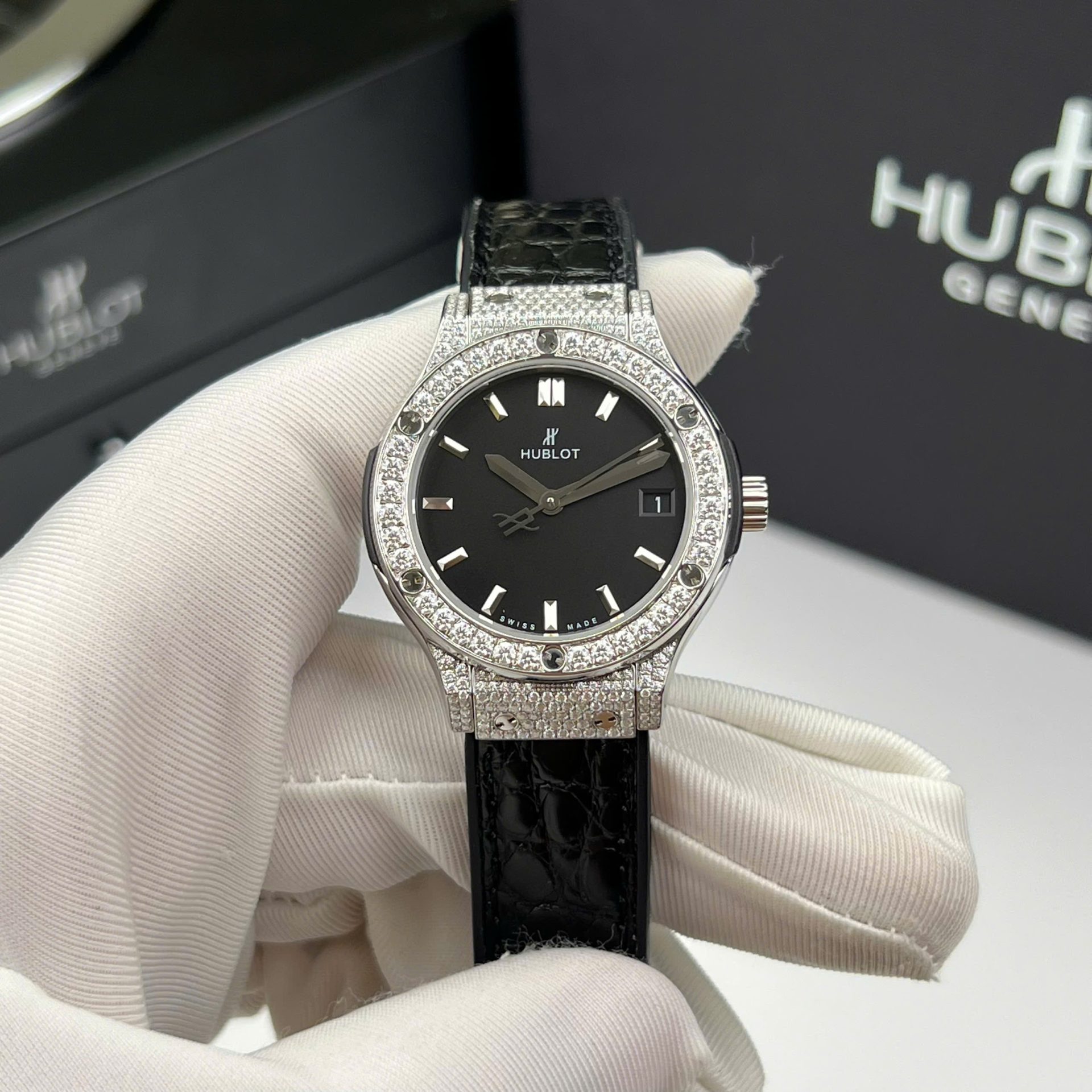 Hublot Classic Fusion Titanium Replica Wacth Black Custom Moissanite Diamonds 33mm