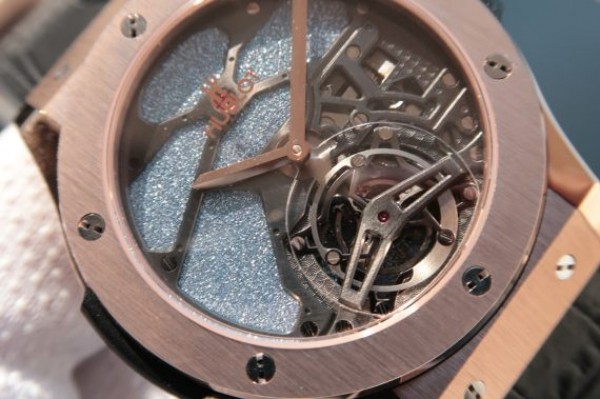 Replica Hublot Classic Fusion Tourbillon RG 45mm TF Skeleton Purple Dial Black Gummy Strap A23J