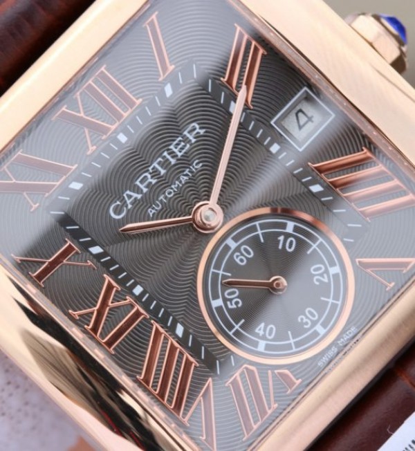 Replica Cartier Tank MC RG Gray Textured Dial Brown leather strap