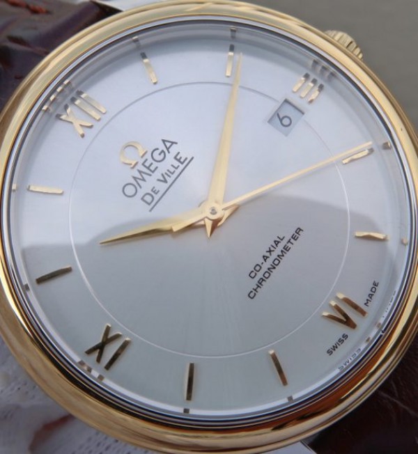 Replica Omega V6 De Ville 37mm YG Bezel White Dial YG Markers Leather Strap A2892
