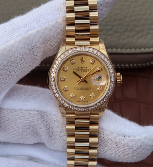 Replica Rolex DateJust 31mm Diamonds Bezel/Markers RG Case RG Gold Dial A2235