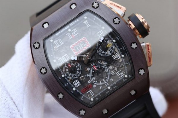 Replica Richard Mille RM011 Brown Ceramic RG Chrono Skeleton Dial Black Rubber Strap A7750