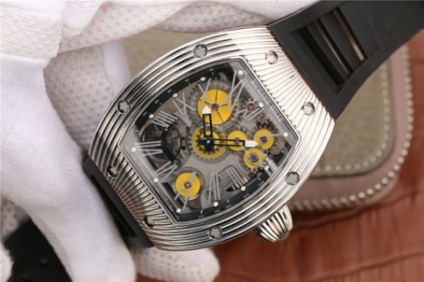 Replica Richard Mille RM018 Hommage a Boucheron SS Yellow Skeleton Dial Black Rubber Strap 6T51