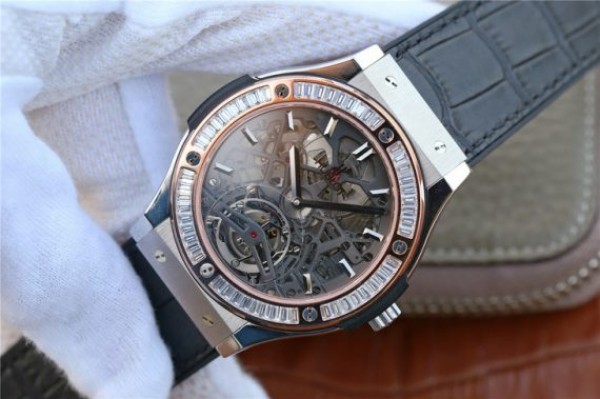 Replica Hublot Classic Fusion Tourbillon 42mm TF RG Bezel Skeleton Dial Black Gummy Strap A23J