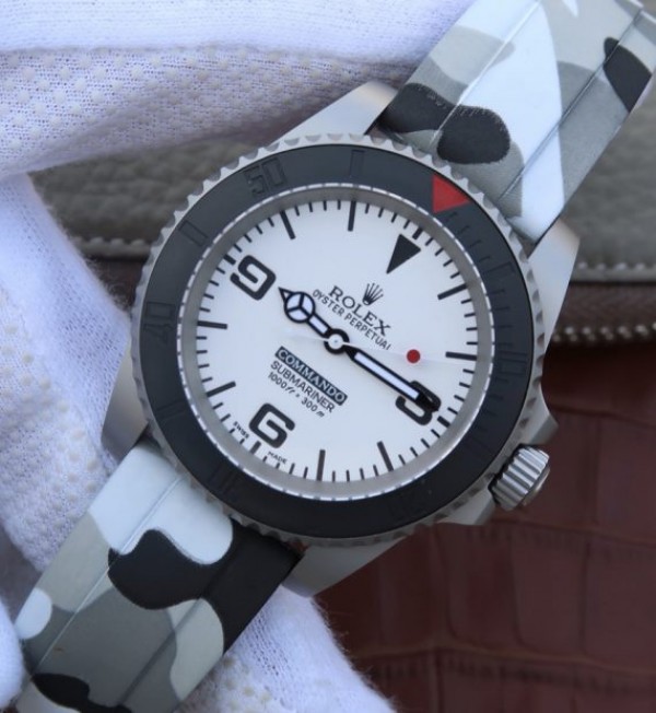 Replica Rolex Submariner Commando White Dial Ceramic Bezel Rubber Strap A2836