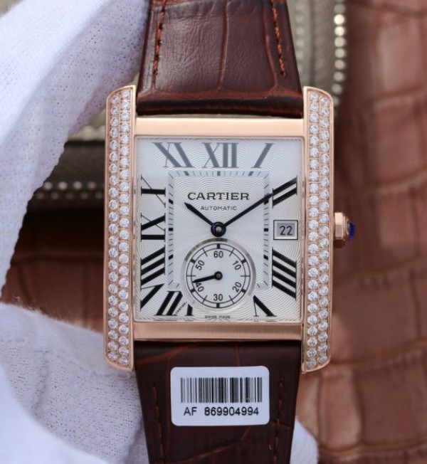 Replica Cartier Tank MC RG White Textured Dial Diamonds Bezel Leather Strap