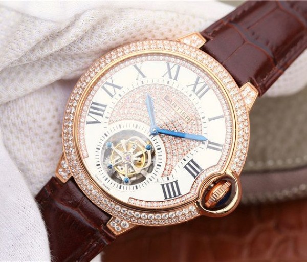 Replica Cartier Ballon Bleu de Cartier Tourbillon RG Paved Diamonds Leather Strap
