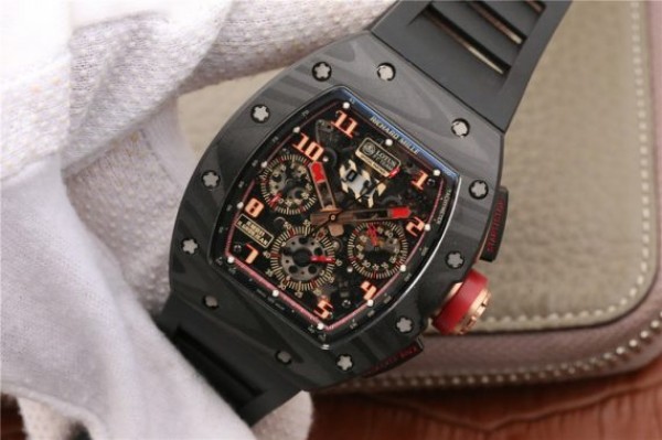 Replica Richard Mille RM011 NTPT Lotus F1 Team PVD Chronograph KVF Crystal Skeleton Dial Red Black Rubber Strap A7750
