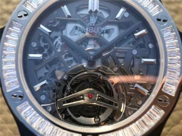 Replica Hublot Classic Fusion Tourbillon 42mm TF SS PVD Diamonds Bezel Skeleton Dial Gummy Strap A23J
