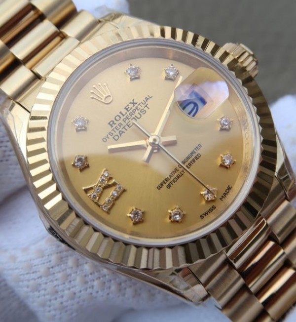 Replica Rolex DateJust 31mm Fluted Bezel RG Case RG Gold Dial A2235