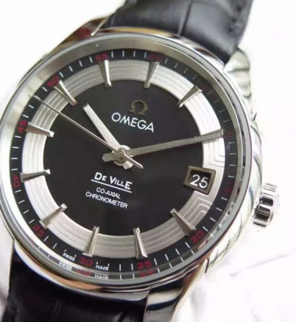 Replica Omega V6F De Ville Hour Vision Co-Axial 41mm SS Black Dial Black Leather Strap A8500