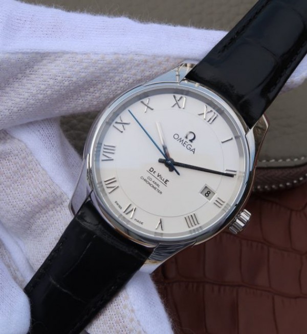 Replica Omega V6 De Ville 41mm SS White Dial Black Leather Strap A8500