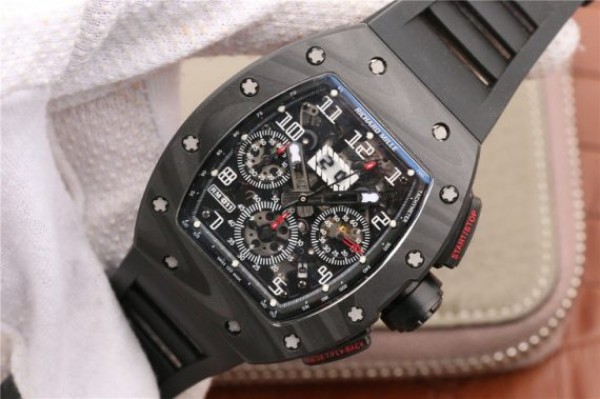 Replica Richard Mille RM011 NTPT Carbon Case Chronograph KVF Crystal Skeleton Dial White Black Rubber Strap A7750