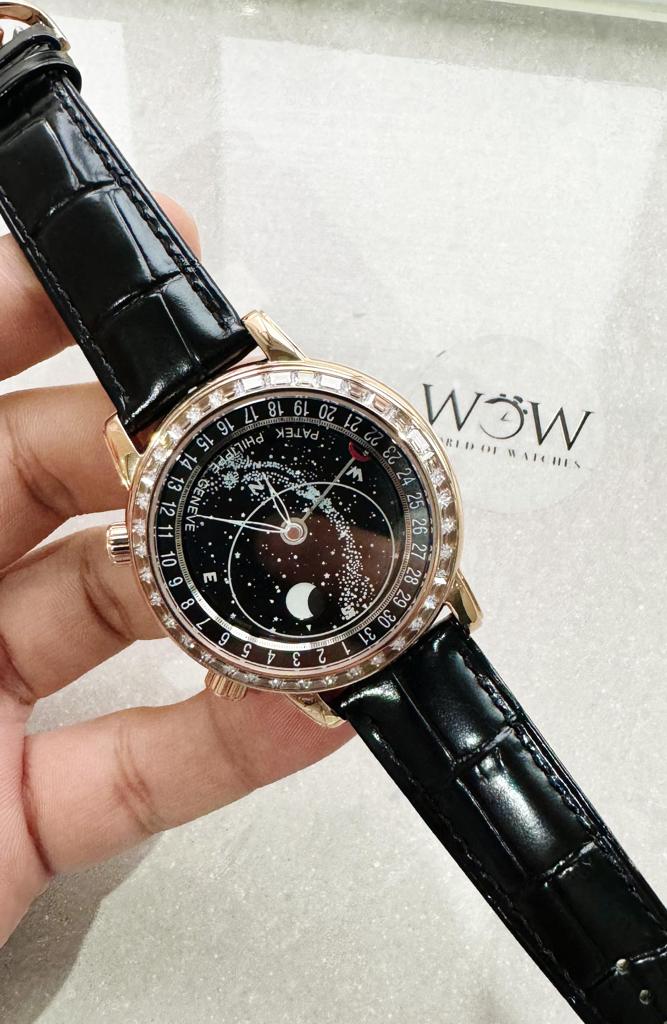Replica PATEK PHILIPPE 6104P Moon RG Black Dial Diamond Bezel on Black Leather Strap A240 V2
