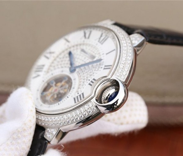 Replica Cartier Ballon Bleu de Cartier Tourbillon SS paved Diamonds Leather Strap