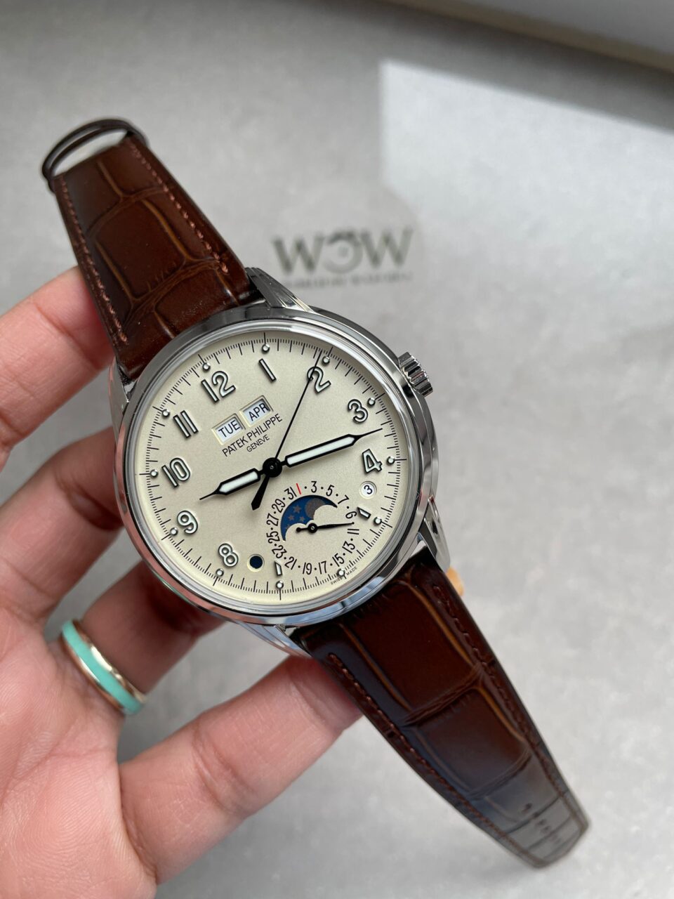 Replica PATEK PHILIPPE Perpetual Calendar 5320G-001 SS GSF 1:1 Best Edition Cream Dial on Brown Leather Strap A324