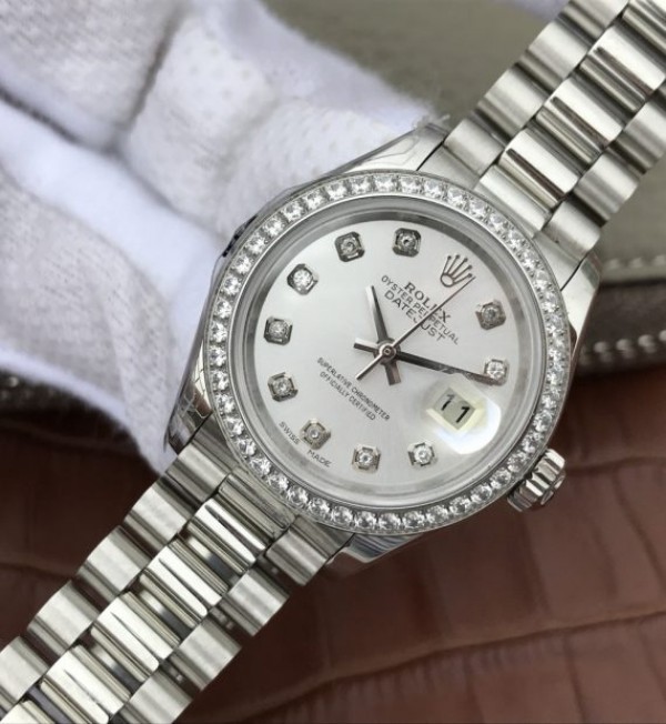 Replica Rolex DateJust 28mm Diamonds Bezel White Dial Diamonds Markers SS Bracelet A2236