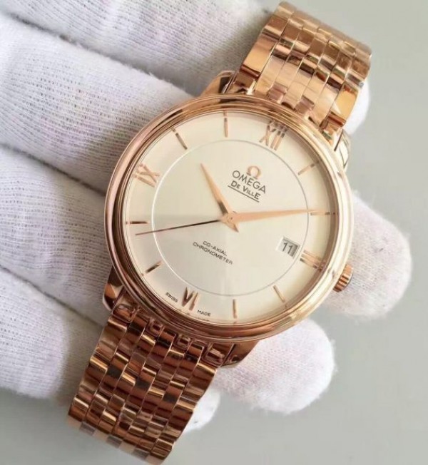 Replica Omega MK De Ville 39.5mm White Dial RG Case SS Bracelet A2824