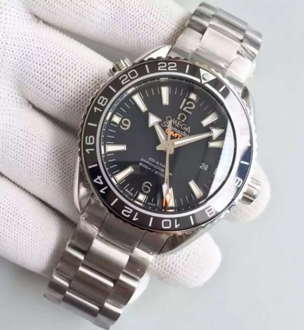 Replica Omega Planet Ocean SS GMT Black Dial Silver Markers SS Bracelet A8605