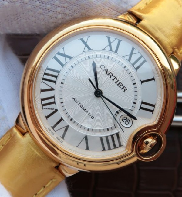 Replica Cartier Ballon Bleu 42mm YG White Dial Leather Strap ETA 2824