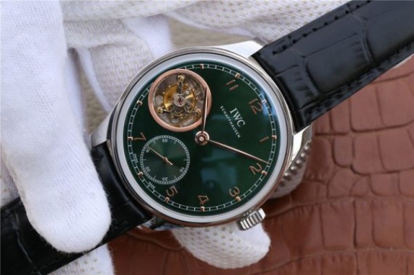 Replica IWC Portuguese Tourbillon IW5463 SS YLF Green Dial RG Markers Black Leather Strap A98900