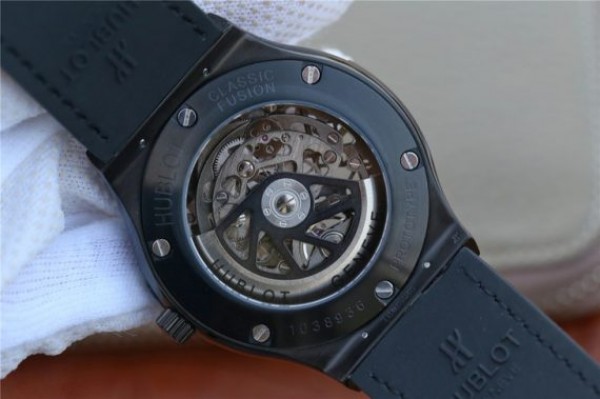 Replica Hublot Classic Fusion Tourbillon 42mm TF SS PVD Diamonds Bezel Skeleton Dial Gummy Strap A23J