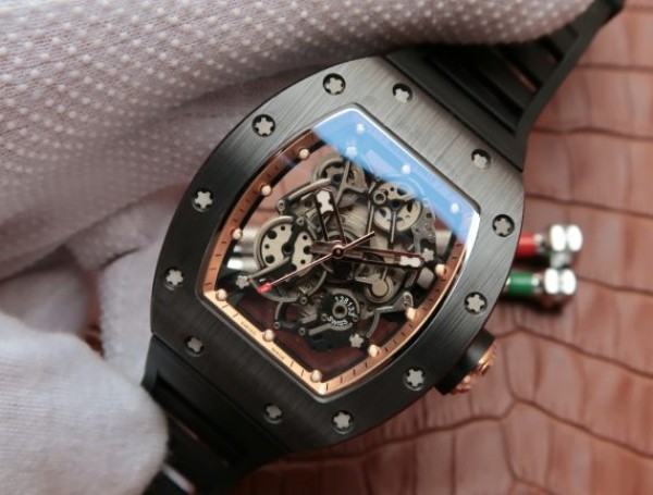 Replica Richard Mille RM055 Black Ceramic RG Inner Bezel Skeleton Dial Black Rubber Strap MIYOTA8215