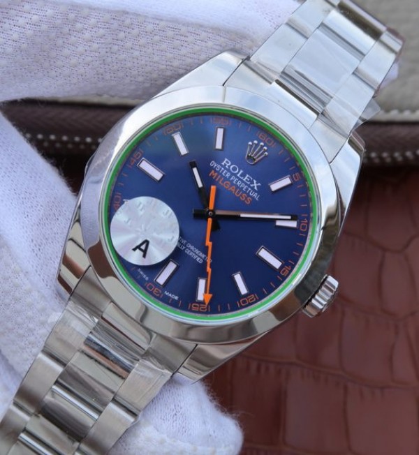 Replica Rolex Milgauss 116400 GV JF Green Sapphire Blue Dial SS Bracelet SH3131