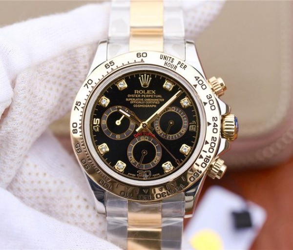 Replica Rolex Daytona 116523 Thick YG Wrapped Black Dial Diamonds Markers SS/YG Bracelet A7750
