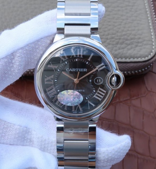 Replica Cartier V6 Ballon Bleu 42mm SS Black Textured Dial SS Bracelet A2892