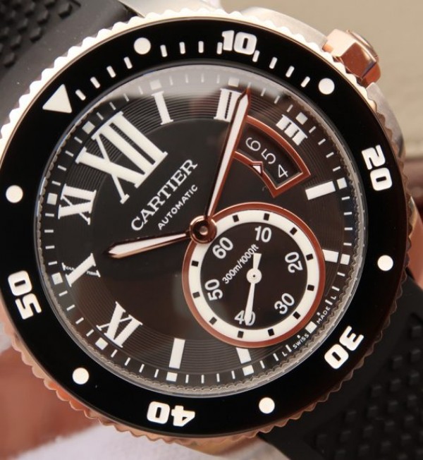 Replica Cartier JJF Calibre De Cartier Diver SS Black Dial RG Bezel Black Rubber Strap A23J